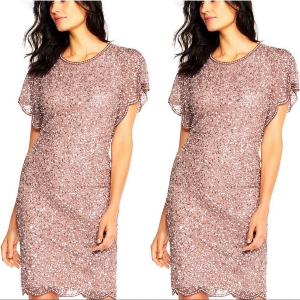 Adrianna Papell pink champagne beaded flutter sleeve knee length dress size 12